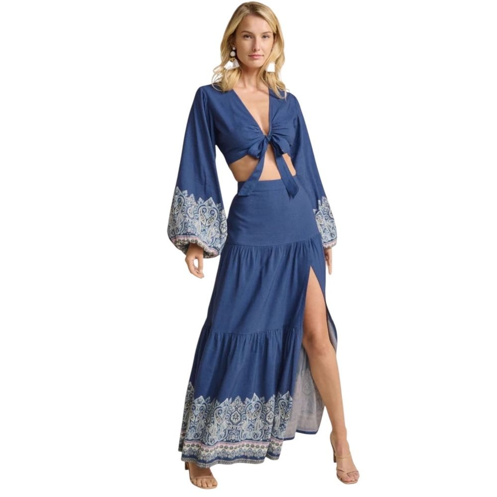 Venus Printed Two-Piece Set Crop Top & Maxi Skirt Blue Size 8 Embroidered Boho